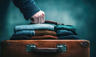 A hand on a suitcase filled with folded clothes, ready for travel and adventure