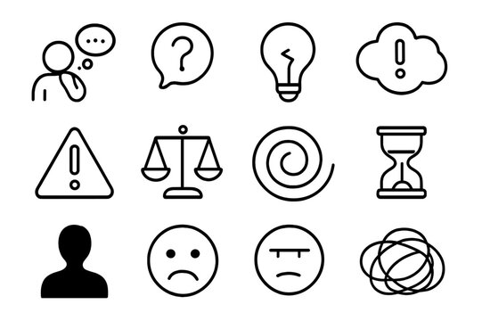 Cognitive Doubt Icons. Cognitive doubt. Line icon set of cognitive doubt: person thinking, thought bubble, question mark, broken light bulb, cloud, exclamation