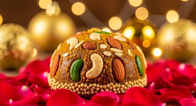 Round sweet dessert with nuts and green cardamom on red rose petals almonds