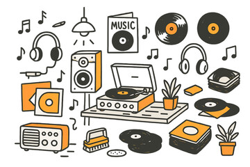 Retro Music Vibes. Music nostalgia. Hand-drawn doodle illustration record player (colored), vinyl records (colored), turntable (colored), speaker (colored),