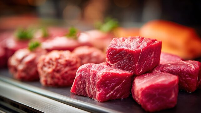 Close-up of fresh, raw beef cubes, ready for cooking and culinary use.