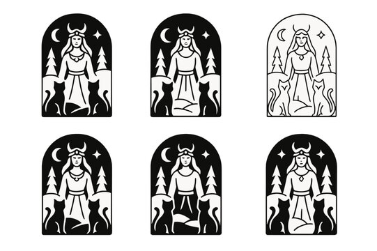 Divine Logo Variations. Ancient gods and goddesses in a mystical landscape. Set Logo of Ancient gods and goddesses in a mystical landscape: Freyja cats. Icon