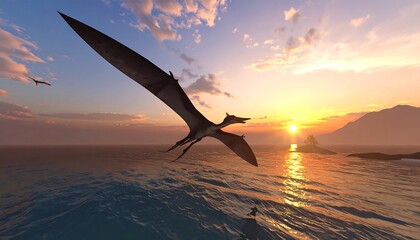 Pterodactyls soaring over the ocean at sunset, a prehistoric scene.