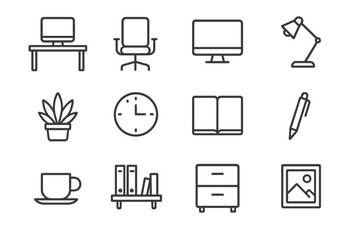 Clean Office Icons. Clean office setup. Line outline icon set of clean office setup: desk, chair, computer,