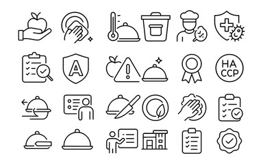 Food safety line icons set: sanitation, temperature control, hygiene standards, and certification symbols