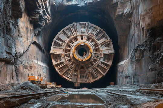 Powerful tunnel boring machine drilling deep underground at industrial construction site.