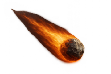 Meteorite entering earth atmosphere burning, falling rock from space in fiery glow, isolated with transparent background