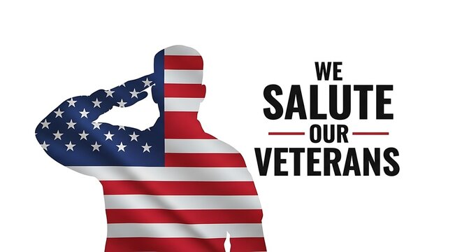 Silhouette of a soldier saluting with American flag pattern and text salute