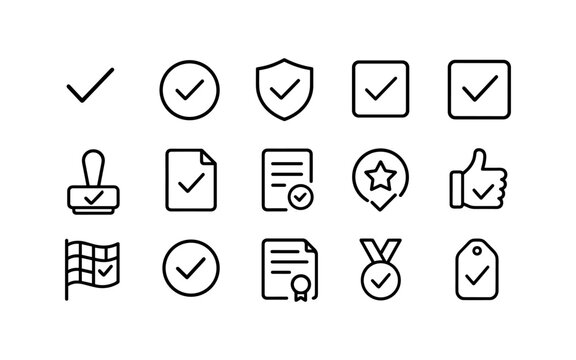 Outline icons of checkmarks, documents, and awards for verification and success