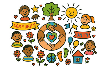 Fototapeta premium Community Unity Art. Community unity. Colorful Hand-drawn doodle Children illustration Community unity circle of hands, heart globe, tree of peace, banners,
