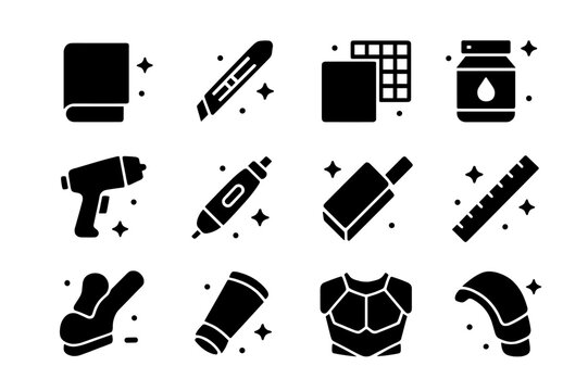 EVA Foam Armor Icons. EVA foam armor building. Solid icons set of EVA foam armor building: EVA foam sheet, craft knife, cutting mat, contact cement, heat gun,