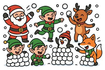 Cute christmas characters having a snowball fight in the snow