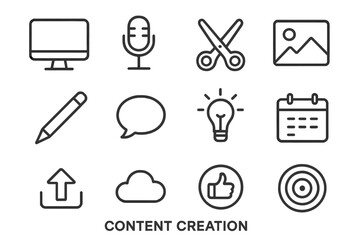 Content Creation Icons. Content creation. Line icon set of content creation: computer, microphone, editing scissors, image frame, pen, speech bubble, idea