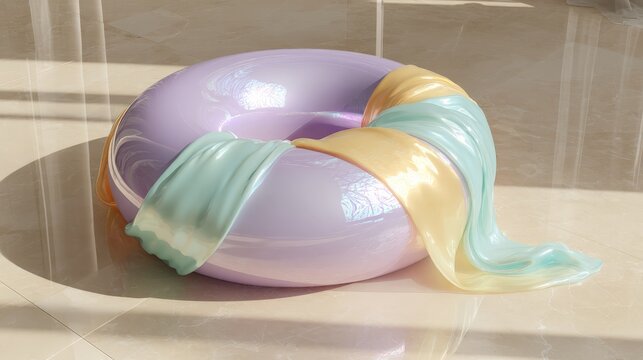 Vibrant inflatable pool ring adorned with flowing fabric, placed on a polished surface, bathed in gentle sunlight, evoking a tranquil summer vibe