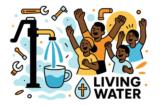 Living Water Celebration. Clean Water Project. A well handle turns, blue arcs pour into a cup as villagers cheer; ?Living Water? appears in gentle lettering by