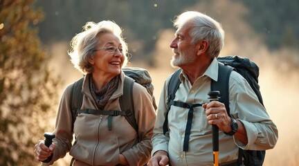 elderly couple hiking in a forest, using hiking poles, wearing backpacks, light clothing, smiling at each other, dirt path, trees, sunny day