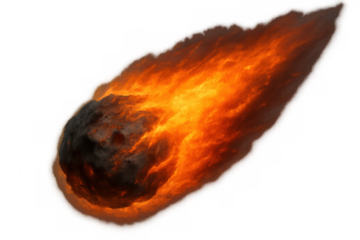 Meteoroid entering atmosphere, burning fireball with long fiery trail, space rock on transparent background