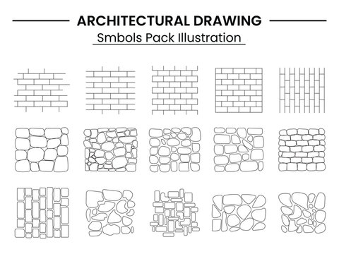 Landscape Architecture CAD Vector Patterns Set. Grass, Water, Stone, Wall, and Texture Elements	
