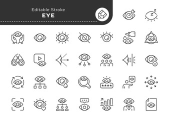 Eye line icon set. Vision, open and closed eye, cry, sleep, view, hidden, look, focus, supervision and more. Outline icon in linear style. Vector collection.