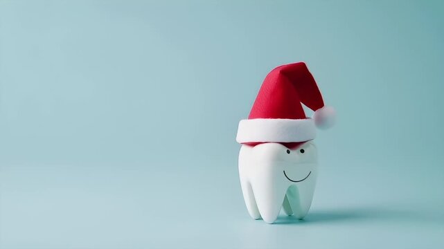 A stylized tooth character wearing a festive Santa hat, set against a pastel blue background. The tooth character is white with a cheerful expression.