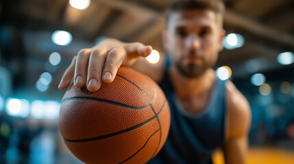 Young athlete spinning basketball on finger in indoor gym, skill, practice, training, sports concept, youth, with copy space