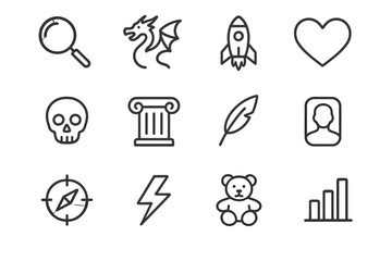 Literature Genre Icons. Literature Genres. Line icon set of Literature Genres: mystery magnifying glass, fantasy dragon, sci fi rocket, romance heart, horror