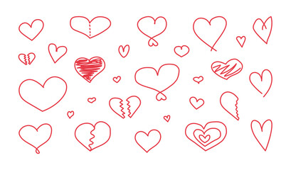 Set of vector red hearts for Valentine's Day drawn with a marker