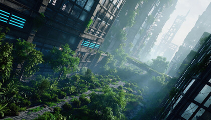 Post-apocalyptic city ruins with futuristic skyscrapers overgrown by jungle and nature.