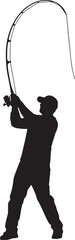 Silhouette of a Fisherman Casting a Fishing Rod with a Bent Rod and Reel vector illustration on transparent background