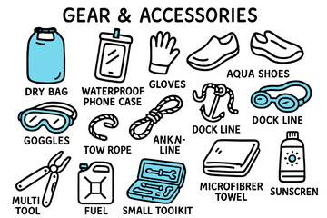 Accented Gear Doodles. // Gear & accessories. Hand-drawn doodle illustration Gear & accessories [dry bag (accented), waterproof phone case (accented), gloves,