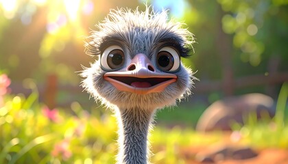 Close-up of a charming ostrich face in a sunny, natural setting.
