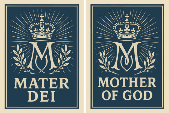 Mater Dei Banners. Mater Dei. Two vertical A6 banners with safe margins, centered composition, no elements touching edges, retro, deep blue and silver, vintage
