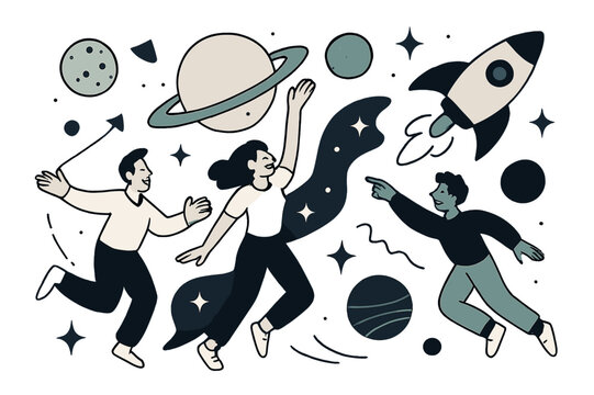 Cosmic Exploration Adventure. ARE YOU EXPLORING SPACE. Galaxy adventures, stars and planets aligning, spaceship soaring. Modern flat vector scene