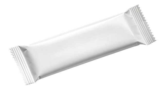 Top down view of blank white snack bar wrapper with crimped edges, cutout, PNG isolated on transparent background