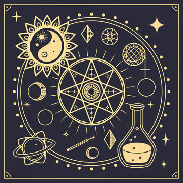 Esoteric Occult Symbols Vector Set, Alchemy and Astrology Celestial Design, Mystic Seven Pointed Star and Yin Yang Sun Illustration