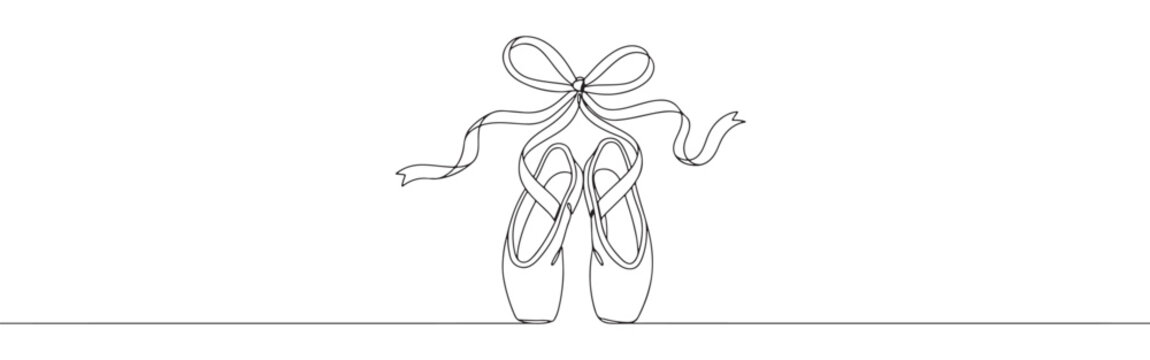 A pair of elegant ballet pointe shoes with ribbons, drawn in a graceful continuous line art style