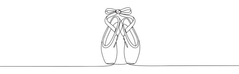 A pair of elegant ballet pointe shoes with ribbons, drawn in a graceful continuous line art style