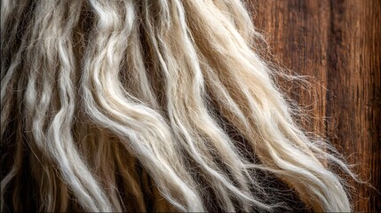 Luxurious Alpaca Wool Fibers on Dark Wood Surface Macro Shot for Textile Design and Natural Texture Backgrounds
