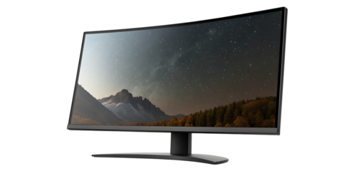 Curved ultra wide computer monitor displaying a starry night sky over mountains and forest, cutout, PNG isolated on transparent background