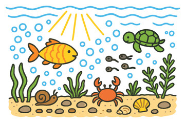 Fototapeta premium Vibrant Underwater Scene. Underwater view. Colorful Hand-drawn doodle Children illustration Underwater view fish, bubbles, stones, plants, sunlight rays,
