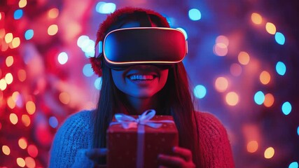 Happy woman in a Santa hat wearing a VR headset, delighted by a glowing virtual Christmas present amid neon lights and futuristic holiday tech magic - Powered by Adobe