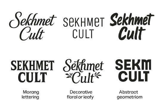 Diverse Lettering Grid. Sekhmet Cult. Set lettering. harmonious lettering variations of the same emblematic concept, each with different artistic