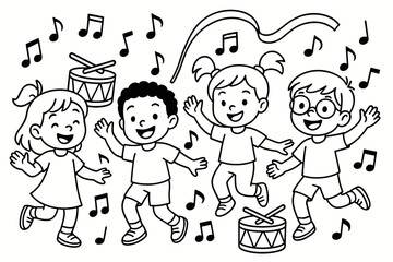 Dancing Children Coloring Book. Dance and rhythm children?s coloring book illustration, outlined drawing, a group of smiling children dancing with music notes,