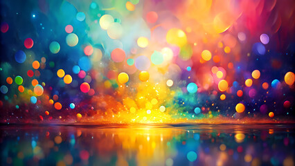 Vibrant abstract background with multicolored bokeh lights and soft reflections. Ideal for festive, holiday, or celebratory designs.
