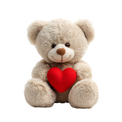 Obraz premium A cute beige teddy bear holding a bright red heart, isolated on a white background. The plush toy looks soft and cuddly, symbolizing love, affection, and warmth. Perfect for Valentine’s Day
