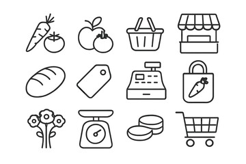 Fototapeta premium Local Produce Icons. Local produce. Line icon set of local produce: fresh vegetables, fruits, shopping basket, vendor stall, bread loaf, price tag, cash