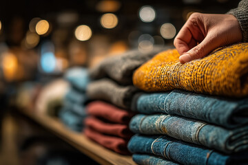 Pulls en laine et jeans pli&eacute;s sur une &eacute;tag&egrave;re de magasin, &eacute;clairage chaud et ambiance cocooning d&rsquo;hiver