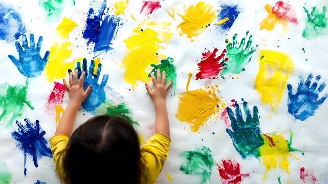 Aerial view of childs hands and hands covered in vibrant paint splatters on a white canvas.