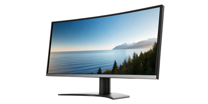 Curved ultra wide computer monitor displaying a serene ocean landscape with snow-capped mountains, cutout, PNG isolated on transparent background