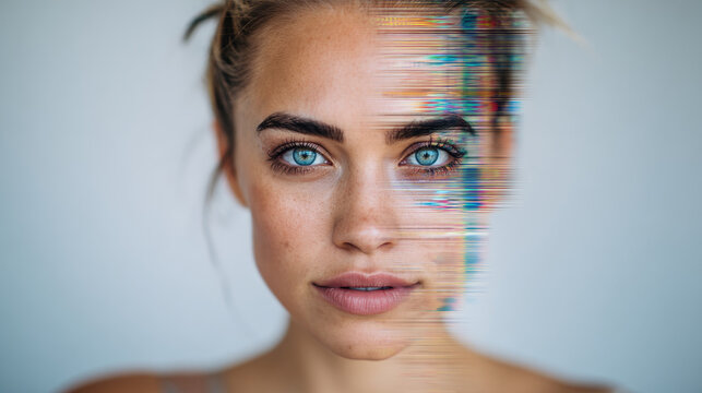 Portrait of young woman with half-face digital glitch, blending real and virtual identity, futuristic minimal lighting